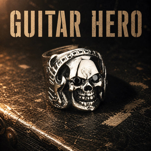 Guitar Hero rock and roll skull ring with black zircon eyes, 316L stainless steel mens guitarist ring