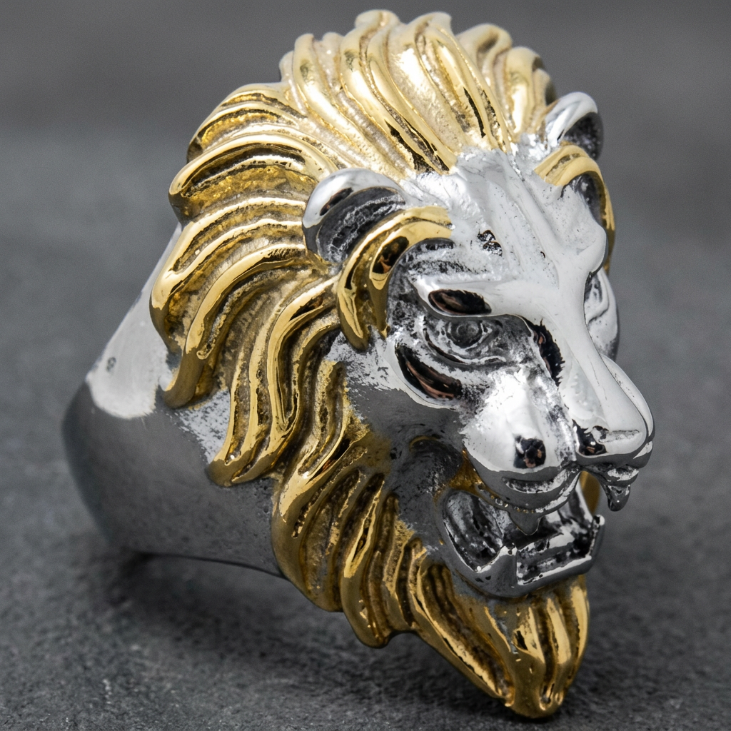 Gold/Silver 'King Leonidas' the Lion - Big, Bold & Heavy Ring (277Two-Tone) alternate view, 316L stainless steel mens skull ring for bikers