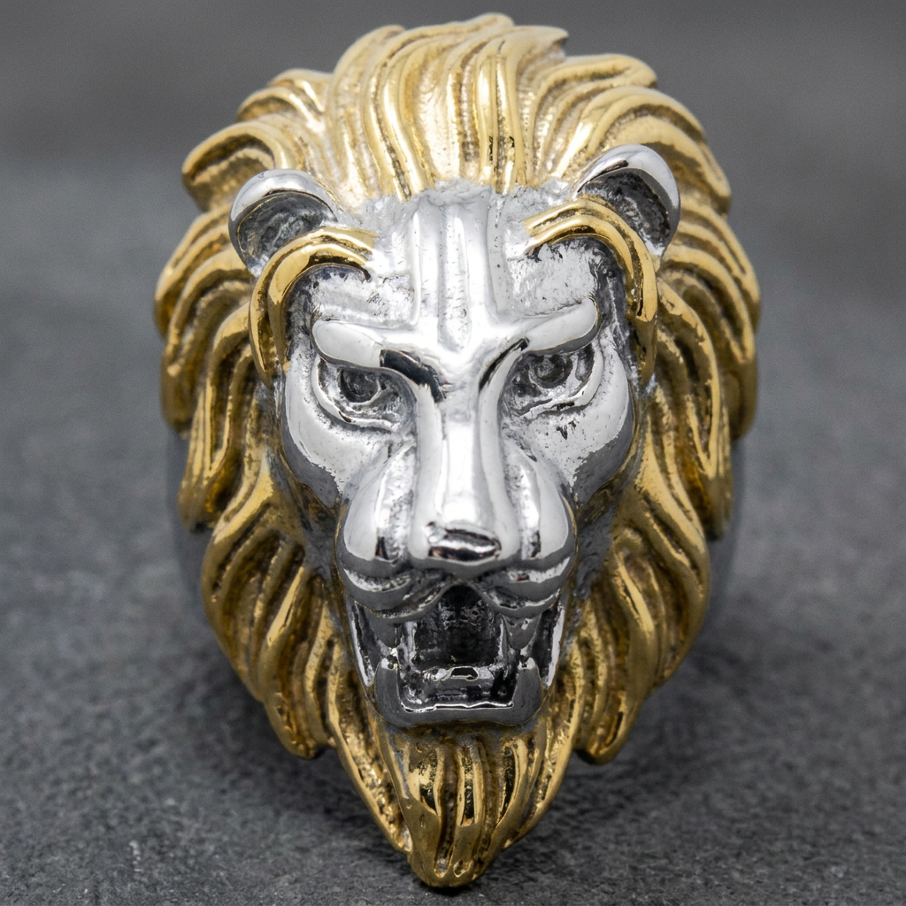 Gold/Silver 'King Leonidas' the Lion - Big, Bold & Heavy Ring (277Two-Tone), 316L stainless steel mens skull ring for bikers