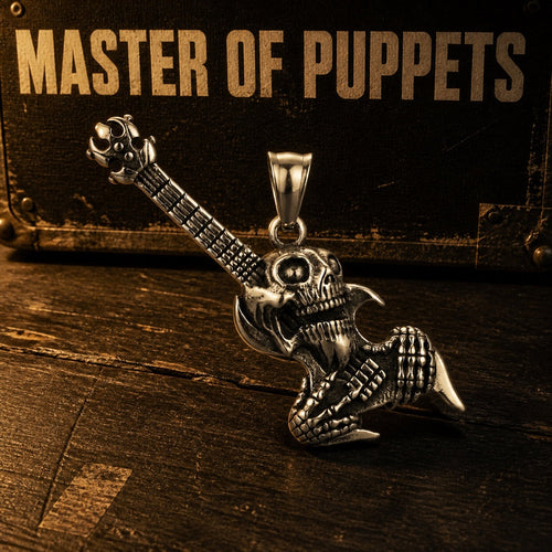 Master of Puppets skull guitar pendant with skeletal hand on fretboard, 316L stainless steel metal necklace