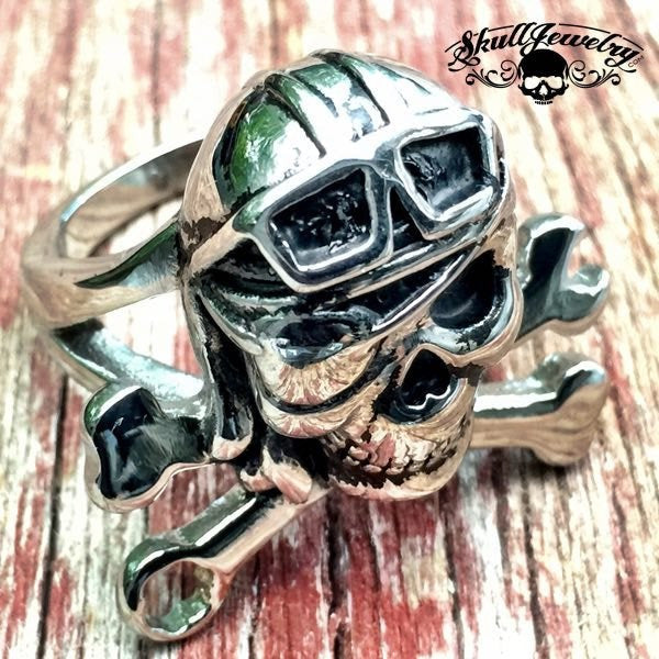 'Bonneville Bomber' Skull Ring with Wrench, Googles and an EyePatch