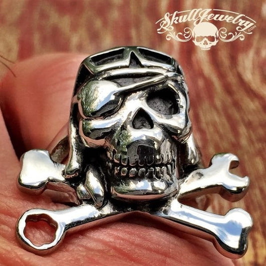 'Bonneville Bomber' Skull Ring with Wrench, Googles and an Eye Patch