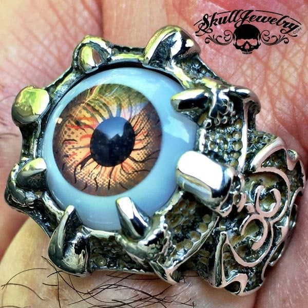 BROWN 'Evil Eye' Gothic Skull Dragon Claw Black Evil Eye Biker Ring