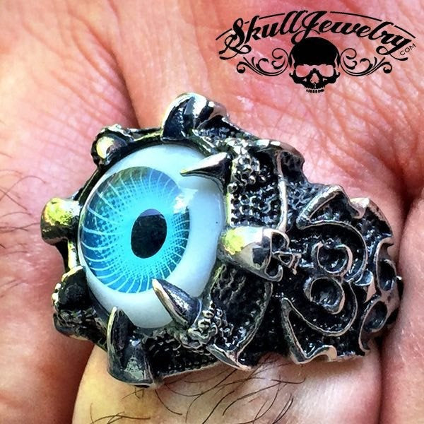 BLUE 'Evil Eye' Gothic Skull Dragon Claw Black Evil Eye Biker Ring