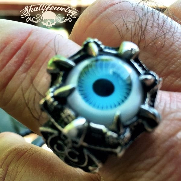 BLUE 'Evil Eye' Gothic Skull Dragon Claw Black Evil Eye Biker Ring