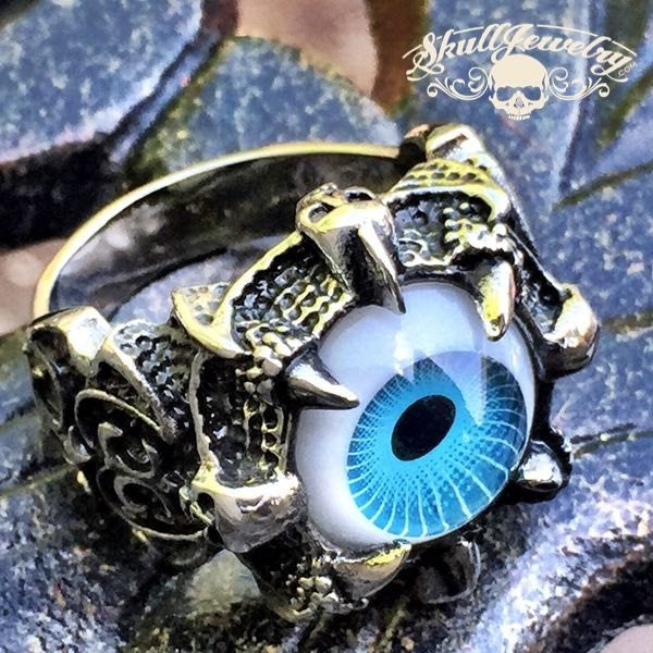 BLUE 'Evil Eye' Gothic Skull Dragon Claw Black Evil Eye Biker Ring