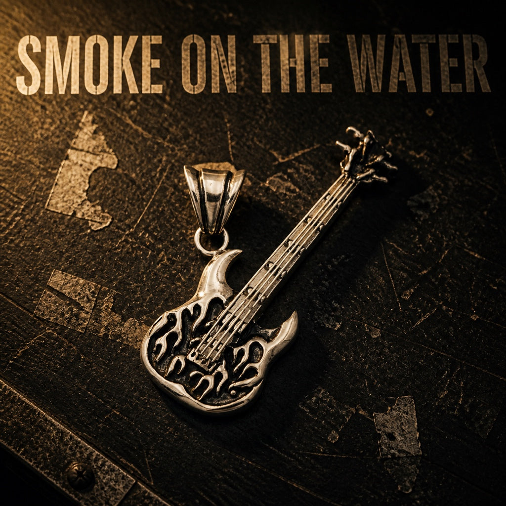 Smoke on the Water flame guitar pendant, flame etched 316L stainless steel guitar necklace for rock fans