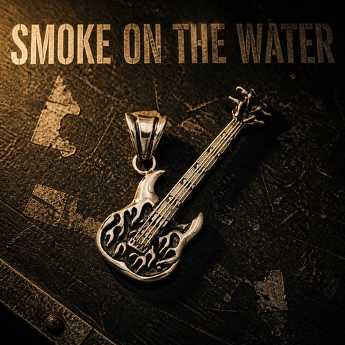 Smoke on the Water flame guitar pendant, flame etched 316L stainless steel guitar necklace for rock fans