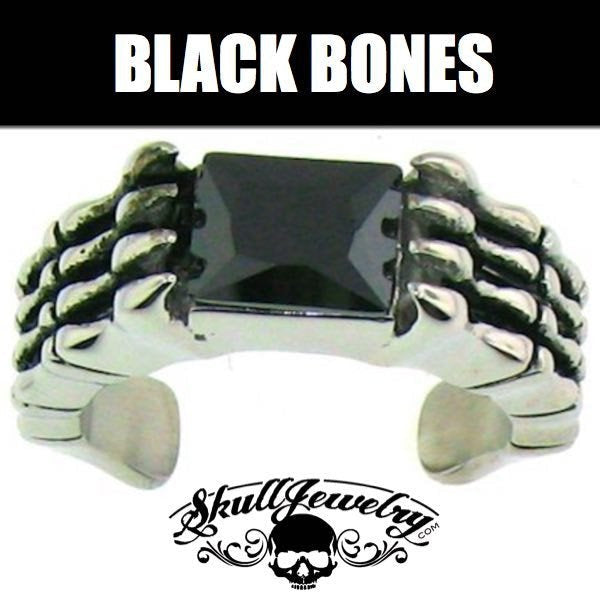 'Black Bones' Stainless Steel Ring with Black Gemstone