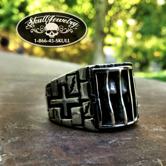 'Folsom Prison Blues' Stainless Steel Skull Behind Bars Ring