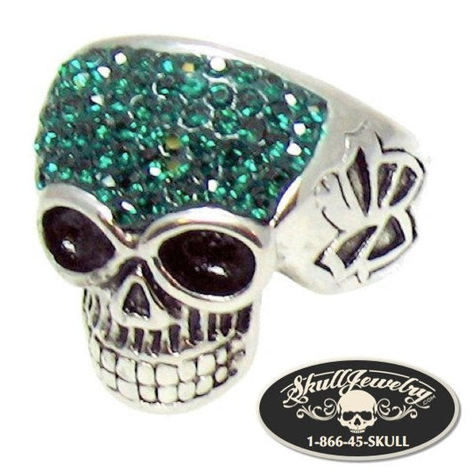 Stainless Steel Crystal Skull with Multi GREEN Cubic Zirconia Ring