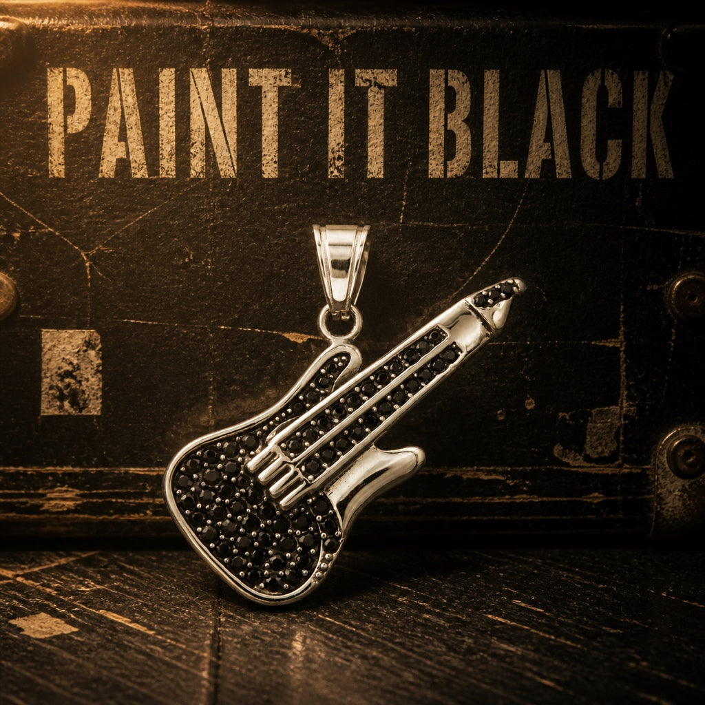 Paint It Black guitar pendant with black stone body, 316L stainless steel gothic guitar necklace for men
