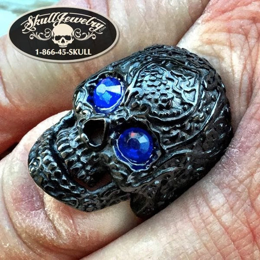 'Homesick Blues' Vintage Flower Skull Ring w/Blue Eyes