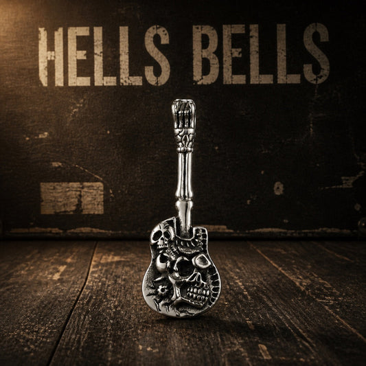 Hells Bells skull guitar pendant, punk polished 316L stainless steel guitar skull necklace