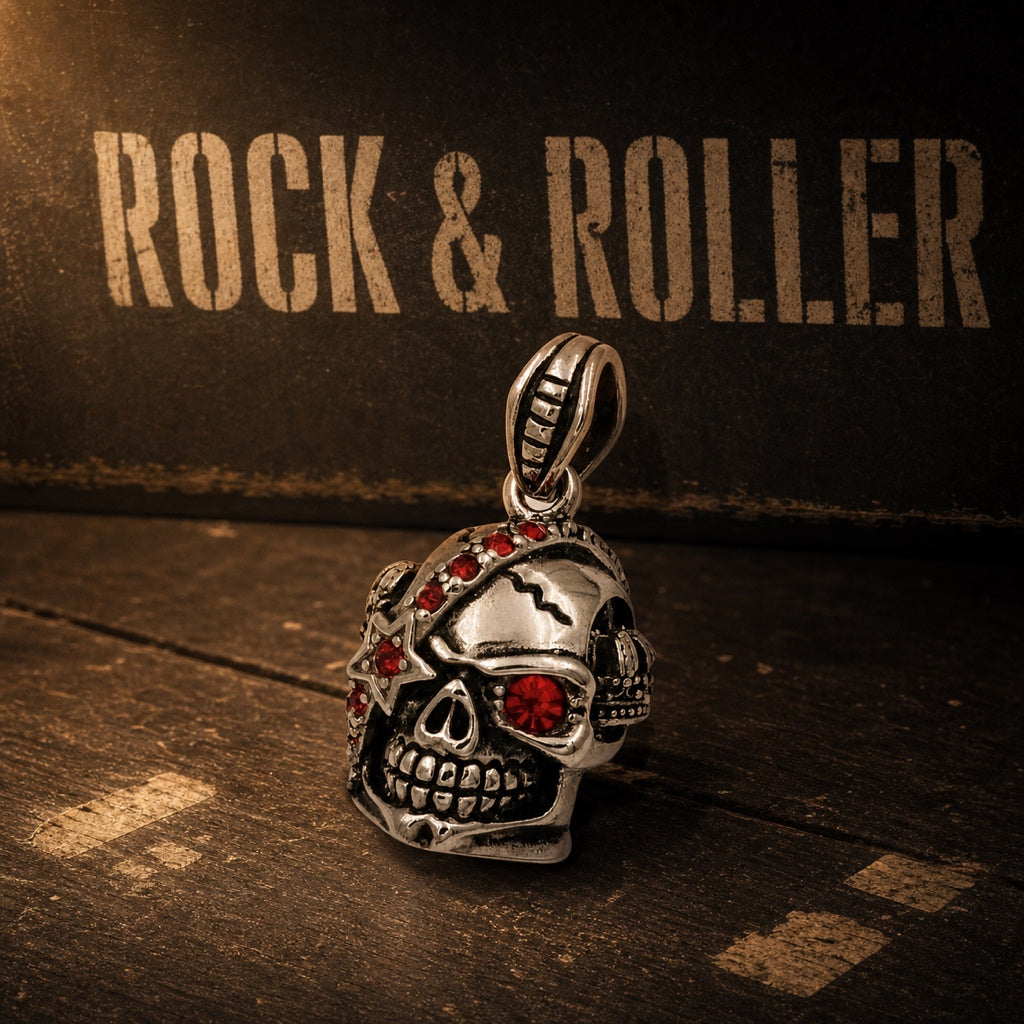 Rock and Roller red gemstone skull pendant with adjustable chain, mens stainless steel rock necklace