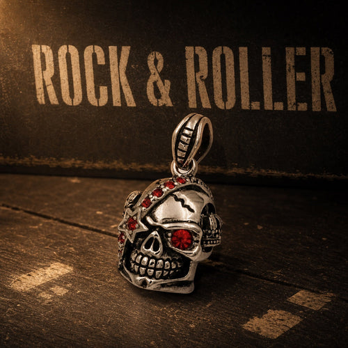 Rock and Roller red gemstone skull pendant with adjustable chain, mens stainless steel rock necklace