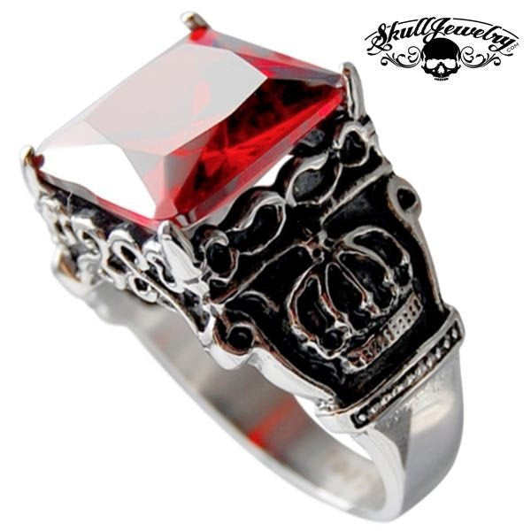 Faceted Red Square Gem Royal Crown Stainless Steel Ring