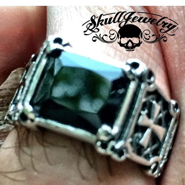 Return of the "Gypsy Queen" Faceted Rectangle Onyx Gem Stainless Steel Ring with Crosses (#346)