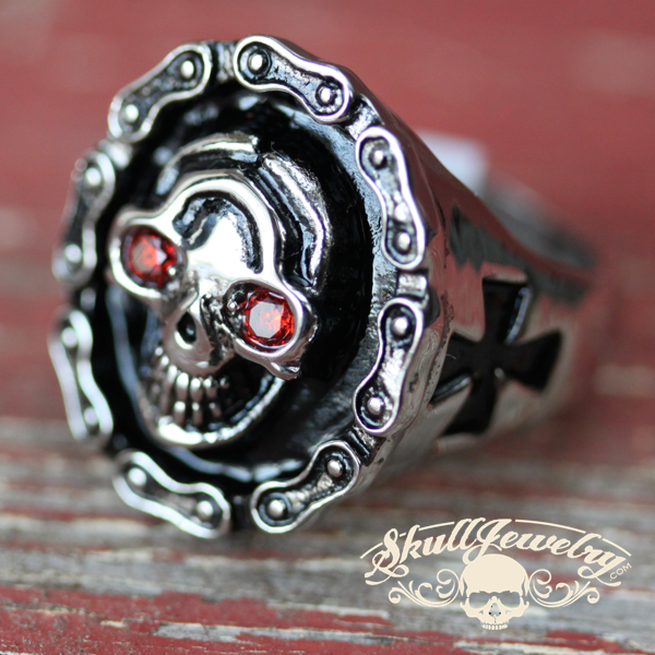 "Diamonds on My Chain" Skull Ring with Silver Motorcycle Chain Around Face and Ruby Cubic Zirconia (cz) Gem Stones in the Eyes (342) celtic cross on sides