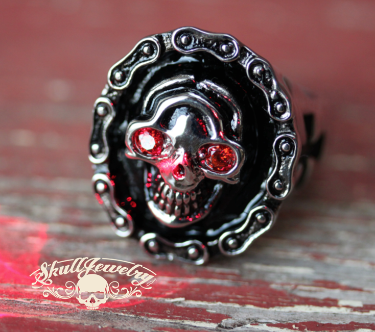 Night Rider Skull Rings Rebel Rider Skull Ring with Silver Motorcycle Chain & Ruby Red Eyes ...