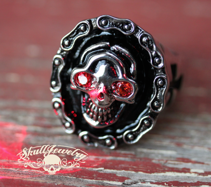 "Diamonds on My Chain" Skull Ring with Silver Motorcycle Chain Around Face and Ruby Cubic Zirconia (cz) Gem Stones in the Eyes (342)