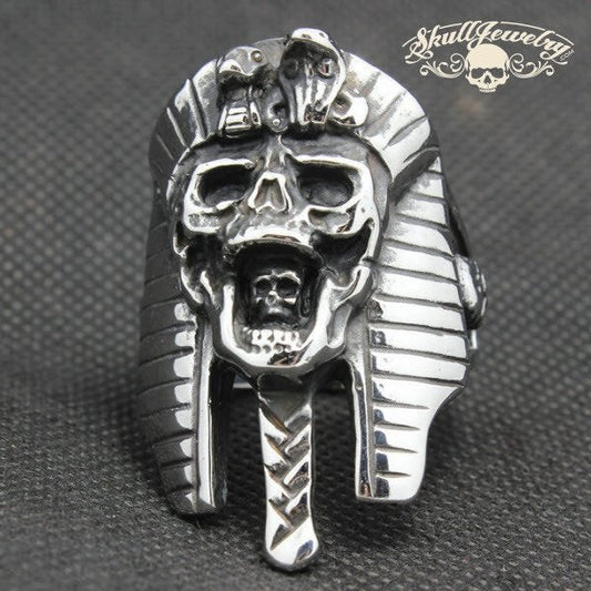 Egyptian Pharaoh Stainless Steel Skull Ring with skulls and snake design