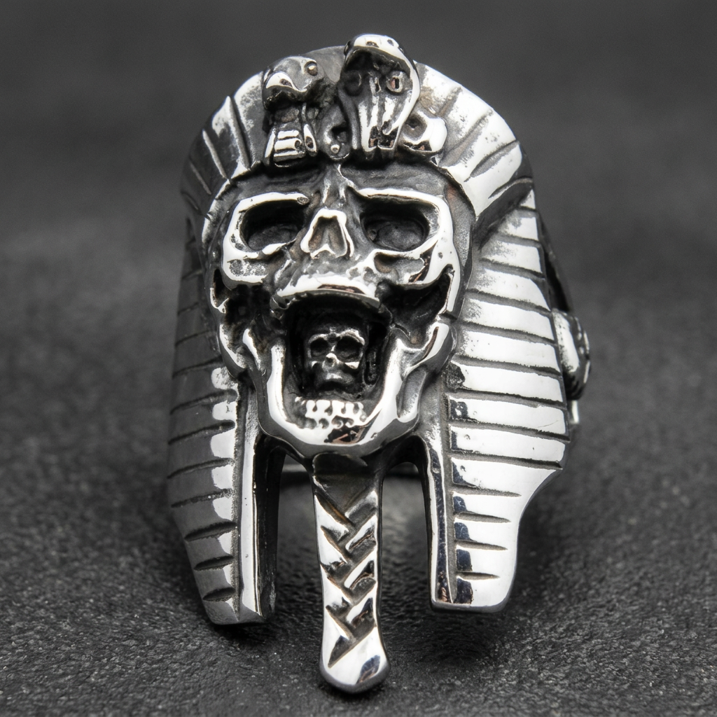 Crown of the Dead - Egyptian Pharaoh Skull Ring alternate view, 316L stainless steel mens skull ring for bikers