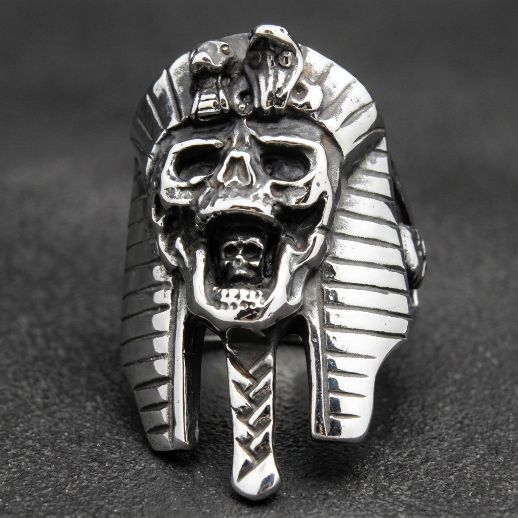 Crown of the Dead - Egyptian Pharaoh Skull Ring, 316L stainless steel mens skull ring for bikers