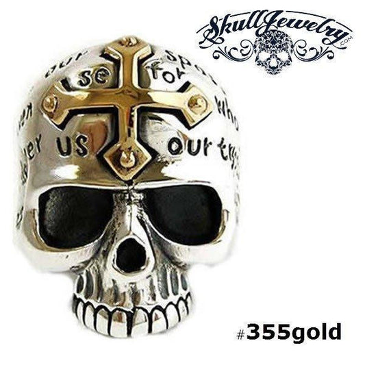 lords prayer skull ring with gold cross on forhead