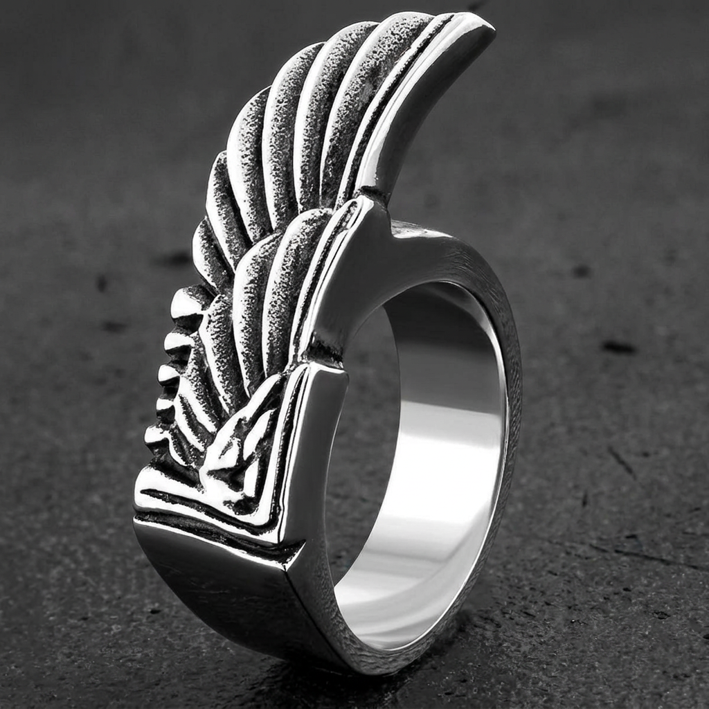 Egyptian Wing Stainless Steel Ring alternate view, 316L stainless steel mens skull ring for bikers