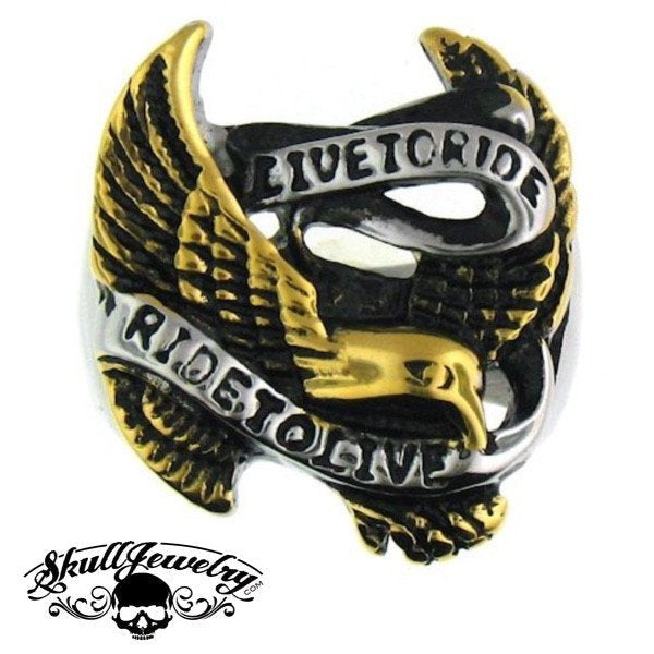 Live to Ride, Ride to Live Stainless Steel Ring With Eagle