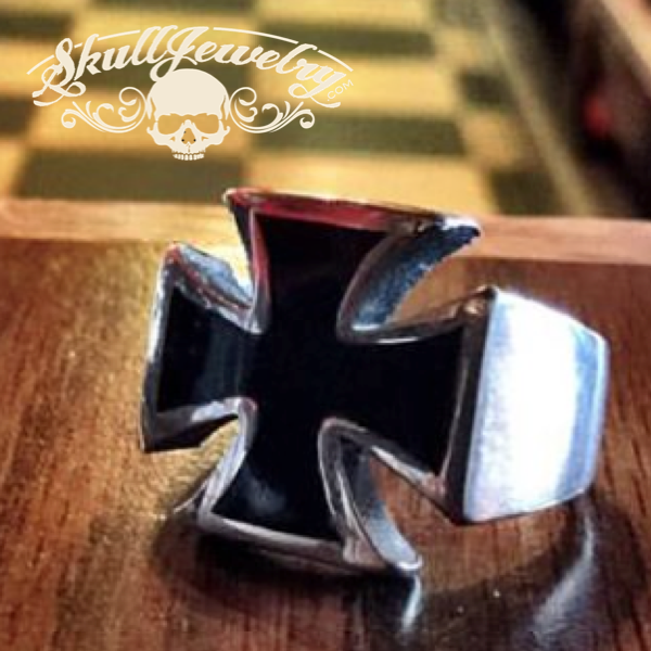 Stainless Steel Iron Cross Ring WWII And Black Enamel