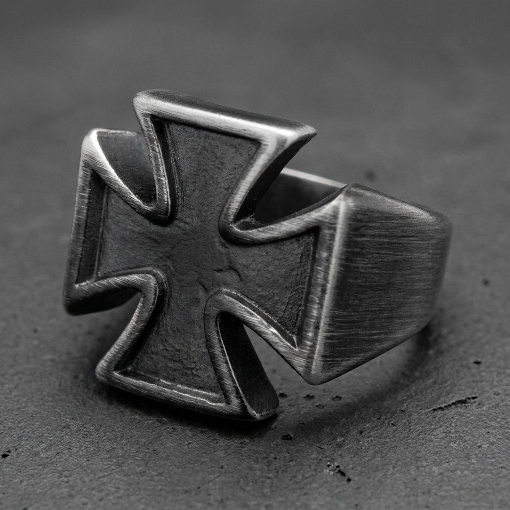 Badass Gun Metal Iron Cross Ring alternate view, 316L stainless steel mens skull ring for bikers