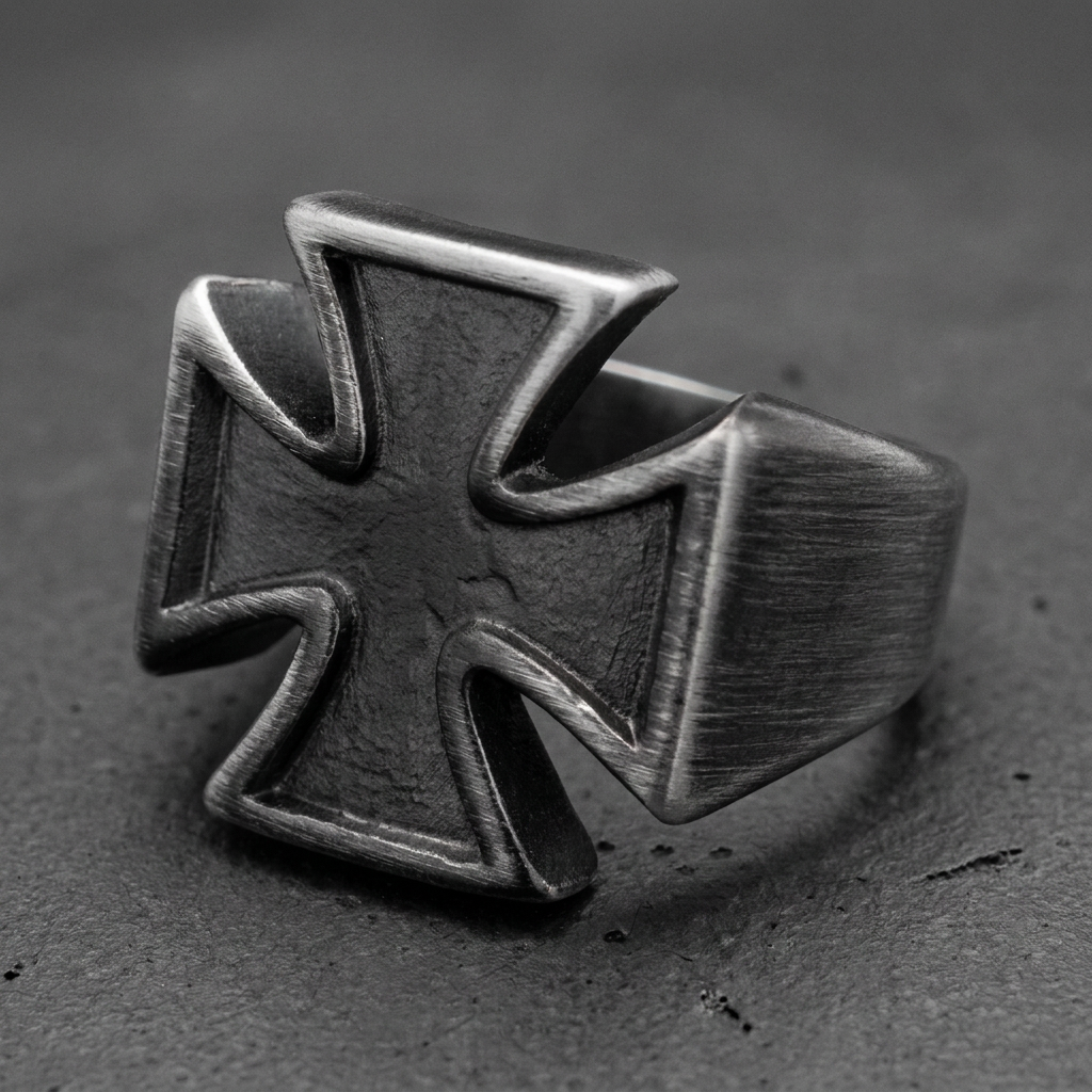 Badass Gun Metal Iron Cross Ring, 316L stainless steel mens skull ring for bikers