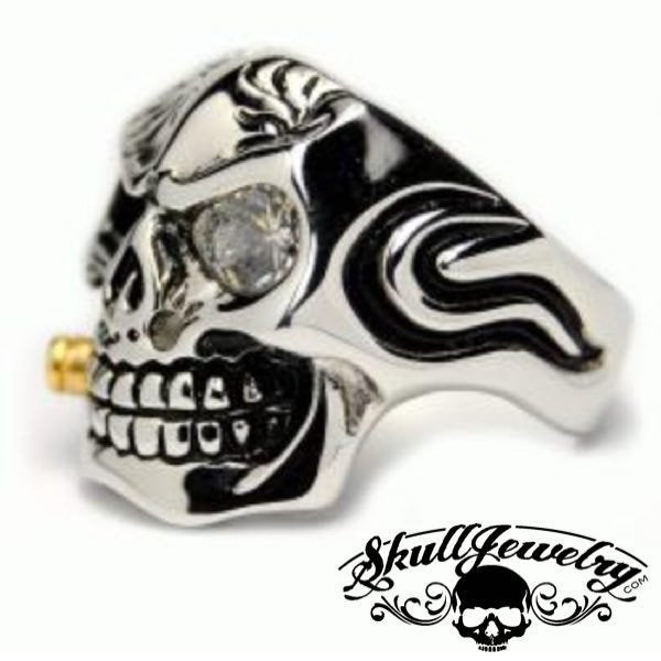 "Who's Crying Now" Bullet & Gem Stone Skull Ring with cubic zirconia eye