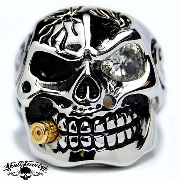 "Who's Crying Now" Bullet & Gem Stone Skull Ring