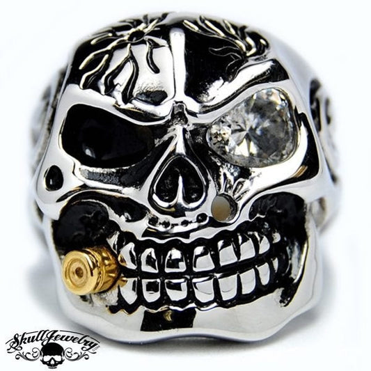 "Who's Crying Now" Bullet & Gem Stone Skull Ring