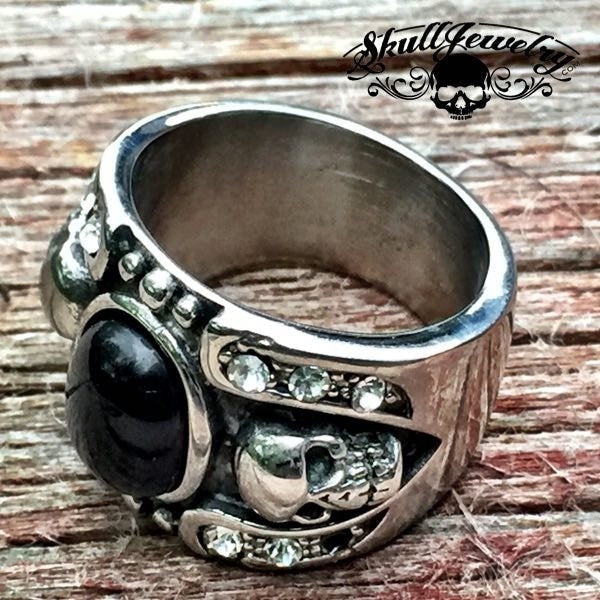 'Hollywood Nights' Stainless Steel Skull Ring with Black Gemstone and White Cubic Zirconia Stones