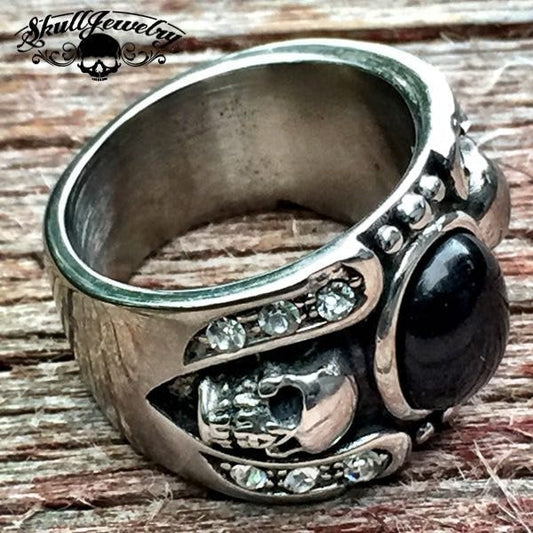 'Hollywood Nights' Stainless Steel Skull Ring with Black Gemstone and White Cubic Zirconia Stones