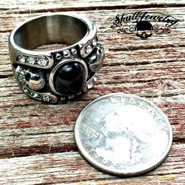 'Hollywood Nights' Stainless Steel Skull Ring with Black Gemstone and White Cubic Zirconia Stones - quarter comparison