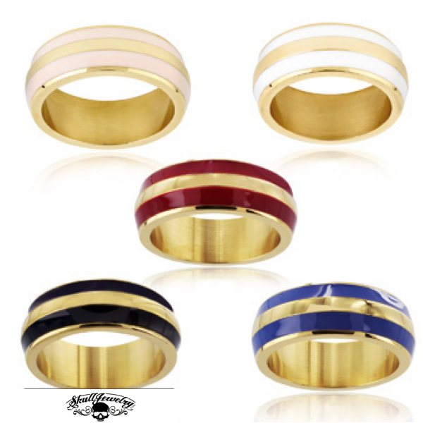 Enamel Double Striped Gold Plated Band Ring - Blue, Red, White or Pink