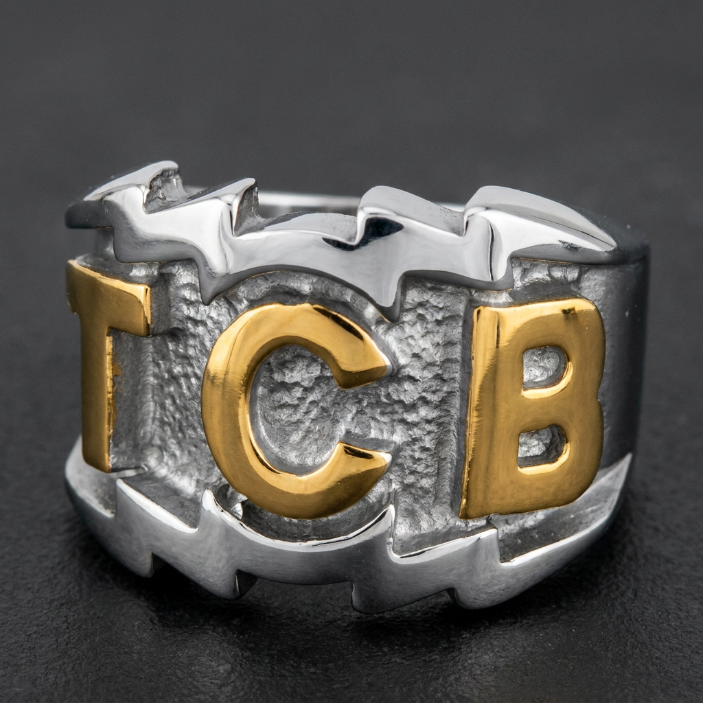 Elvis Inspired 'TCB' Ring, Two-Tone alternate view, 316L stainless steel mens skull ring for bikers