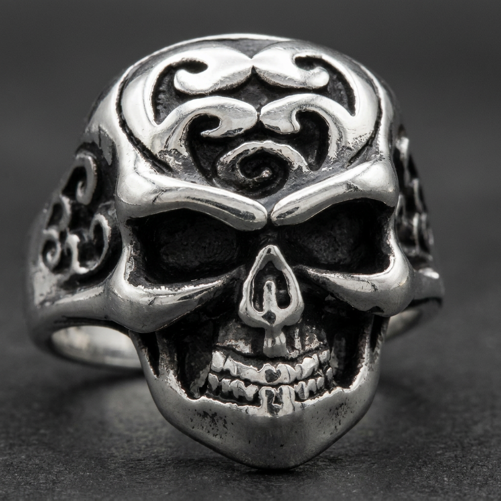 Champagne Supernova Stainless Steel Ring alternate view, 316L stainless steel mens skull ring for bikers