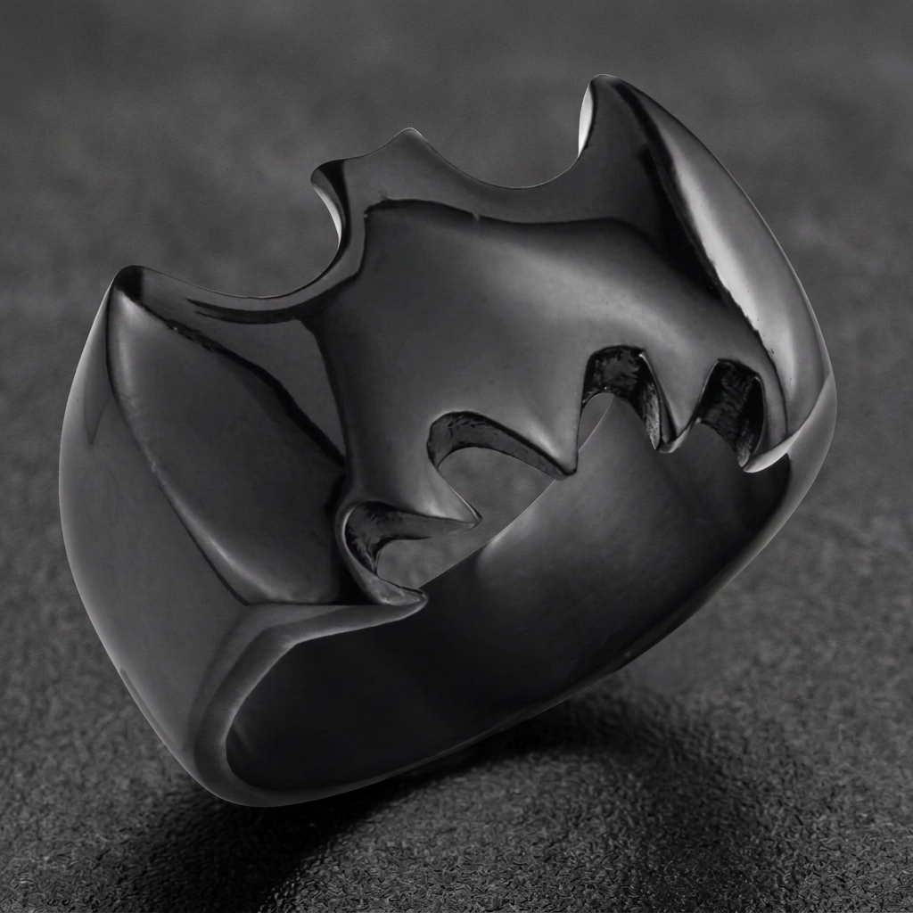 BLACK 'Dark Knight' Stainless Steel Bat Ring, 316L stainless steel mens skull ring for bikers