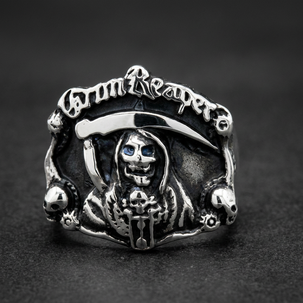 Grim Reaper Steel Ring alternate view, 316L stainless steel mens skull ring for bikers