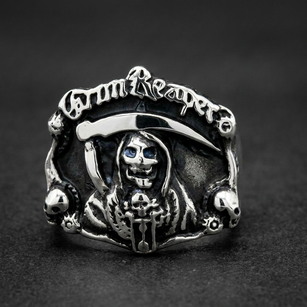 Grim Reaper Steel Ring, 316L stainless steel mens skull ring for bikers