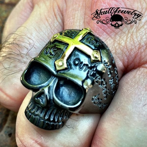 BLACK 'Lords Prayer' Skull Ring with Gold Cross on Forehead