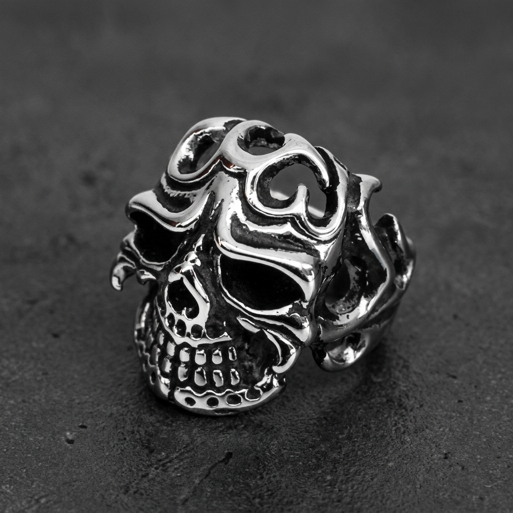 Cheeky Flamenco Stainless Skull Ring - (4646) alternate view, 316L stainless steel mens skull ring for bikers