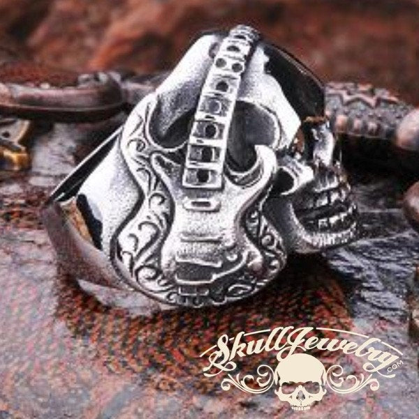 "Guitar Hero" Rock & Roll Skull Ring with Black Gem Stone Eyes