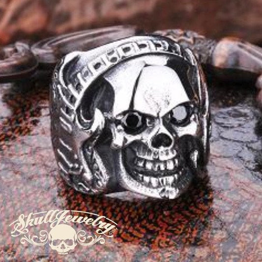 "Guitar Hero" Rock & Roll Skull Ring with Black Gem Stone Eyes